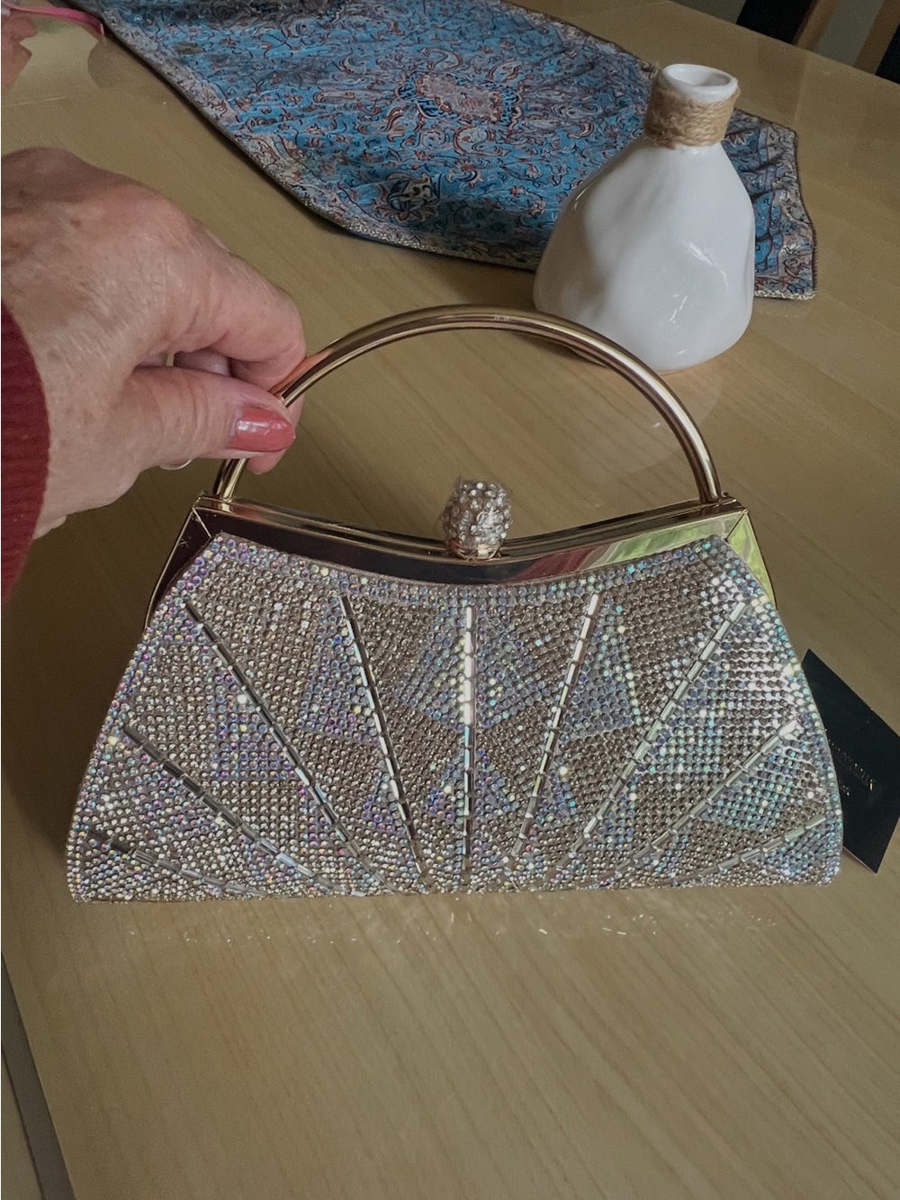 Crystal-Embellished Gold Evening Wristlet Clutch